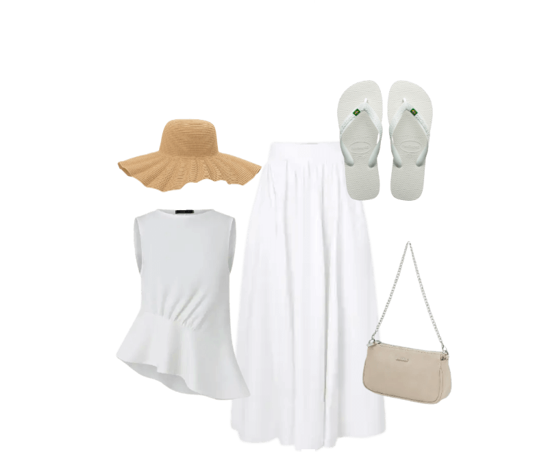 top branco sem mangas, saia longa branca, chinelos brancos, chapéu de palha, bolsa bege