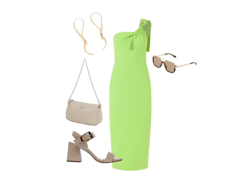 vestido verde lima ombro único, sandálias bege de salto, bolsa clutch bege, brincos dourados, óculos de sol bege