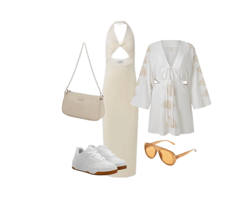vestido bege longo, robe branco estampado, tênis branco, bolsa bege, óculos escuros dourados