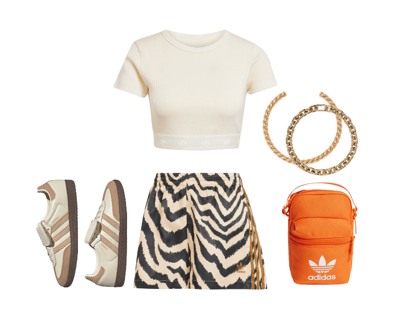top bege cropped, short estampa animal, tênis bege, bolsa laranja, brincos dourados