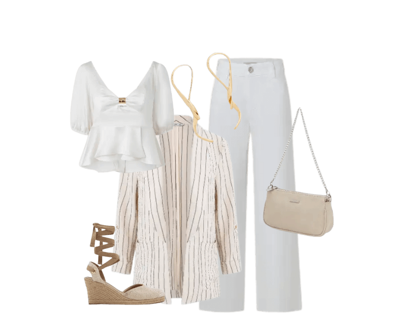 blusa branca fluida, calça branca alfaiataria, blazer listrado, sandálias salto corda, bolsa neutra pequena