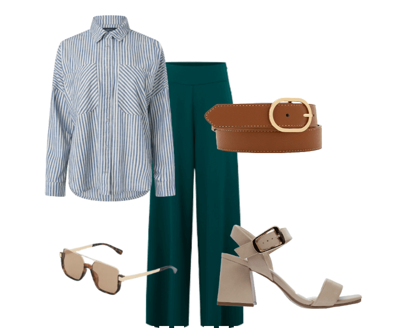 camisa listrada azul, calça verde escura, cinto marrom, sandália bege, óculos de sol bege
