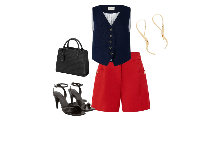 colete azul marinho, bermuda vermelha, sandálias pretas, bolsa preta, brincos dourados