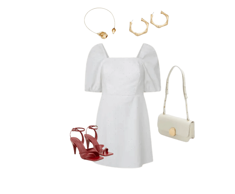 vestido branco midi, sandálias vermelhas de salto, bolsa creme, colar dourado, brincos dourados