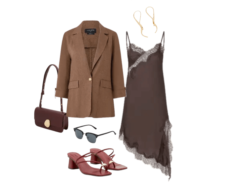 blazer marrom, vestido marrom slip dress, bolsa vinho, sandálias vinho, óculos escuros, brincos dourados