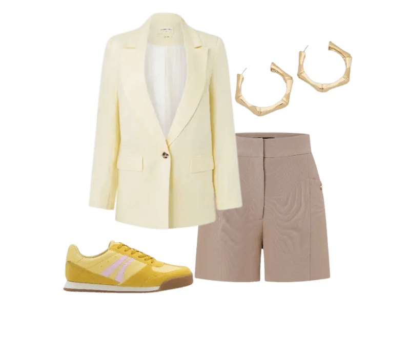 blazer amarelo claro, short nude, tênis amarelo, brincos dourados
