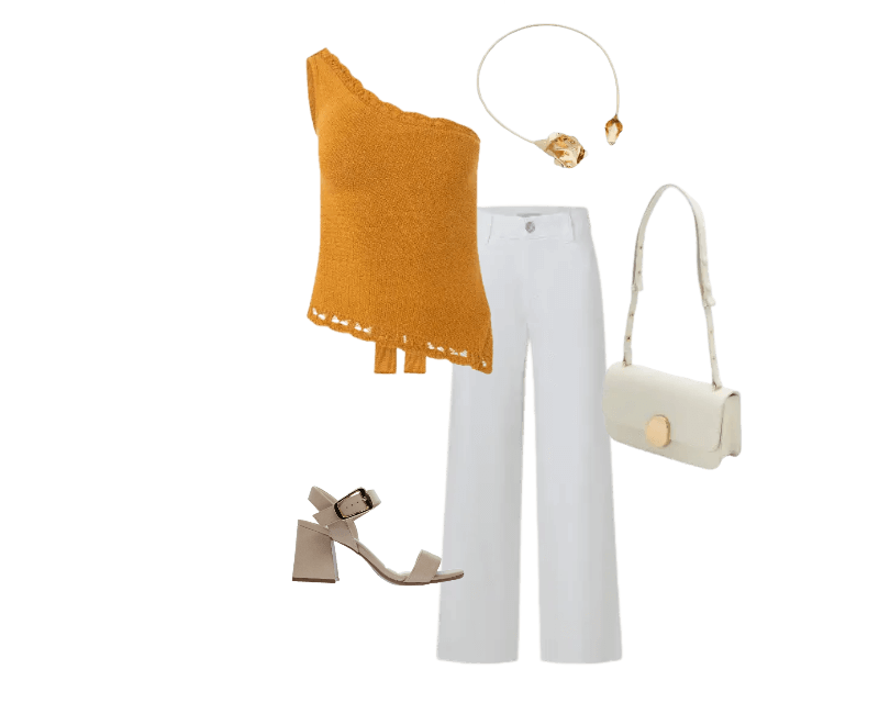 top mostarda assimétrico, calça branca alfaiataria, sandália nude salto, bolsa branca, acessórios dourados.
