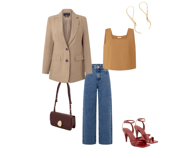 blazer bege, top caramel, jeans azul, bolsa vinho, sandálias vinho, brincos dourados