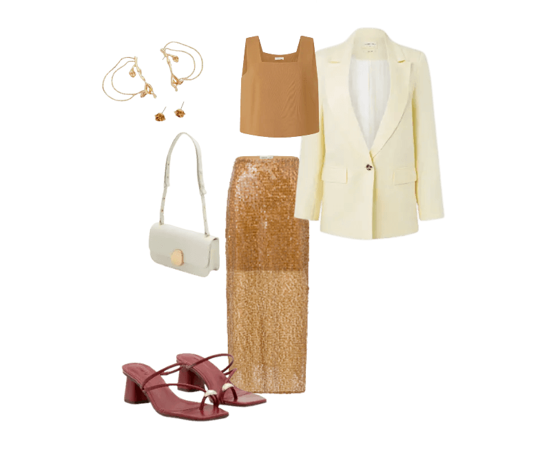 blazer off-white, top terracota, saia dourada de paetês, sandália vinho, bolsa branca, brincos dourados