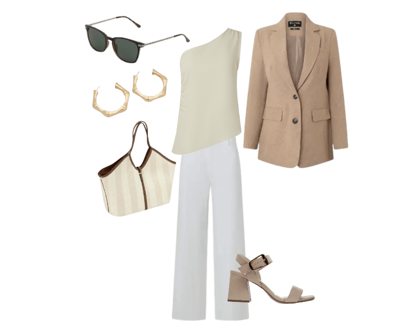 blazer bege, top off-white assimétrico, calça branca, sandália bege, óculos escuros, brincos dourados, bolsa listrada