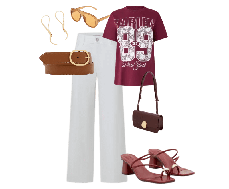 camiseta burgundy, calça branca de alfaiataria, cinto marrom, sandália burgundy, bolso marrom, óculos de sol marrom, brincos dourados