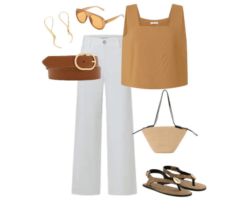 top terracota sem mangas, calça branca, sandálias rasteiras marrons, cinto marrom, bolsa de palha, óculos de sol amarelos, brincos dourados