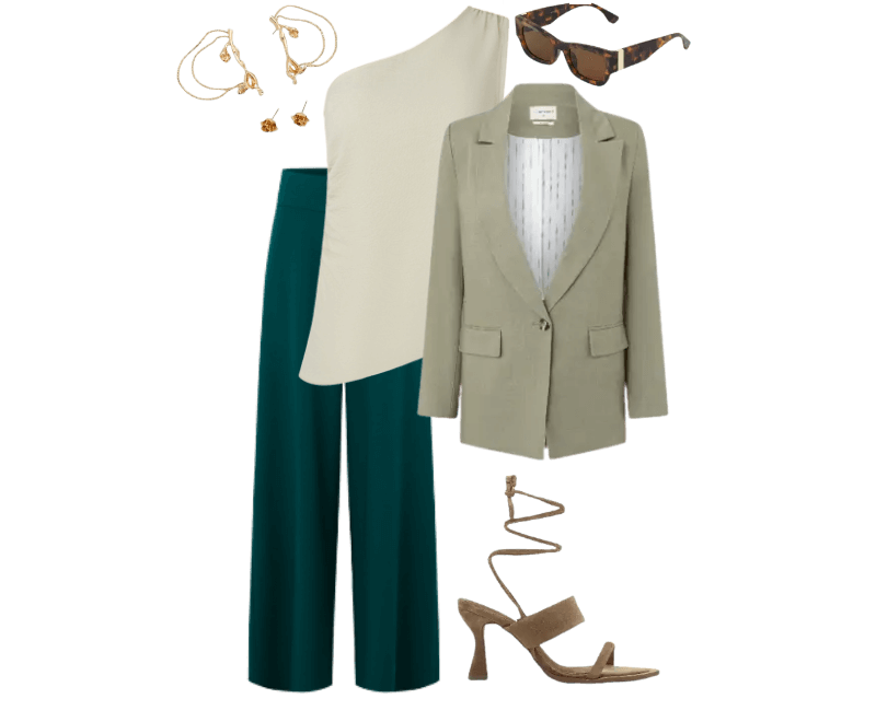 blazer verde claro, blusa off-white de um ombro, calça verde escura pantalona, sandália nude de salto, brincos dourados, óculos de sol tartaruga.