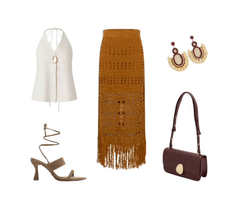 blusa branca alças, saia longa crochê marrom, sandálias bege tiras, bolsa marrom alça curta, brincos palha bordô.