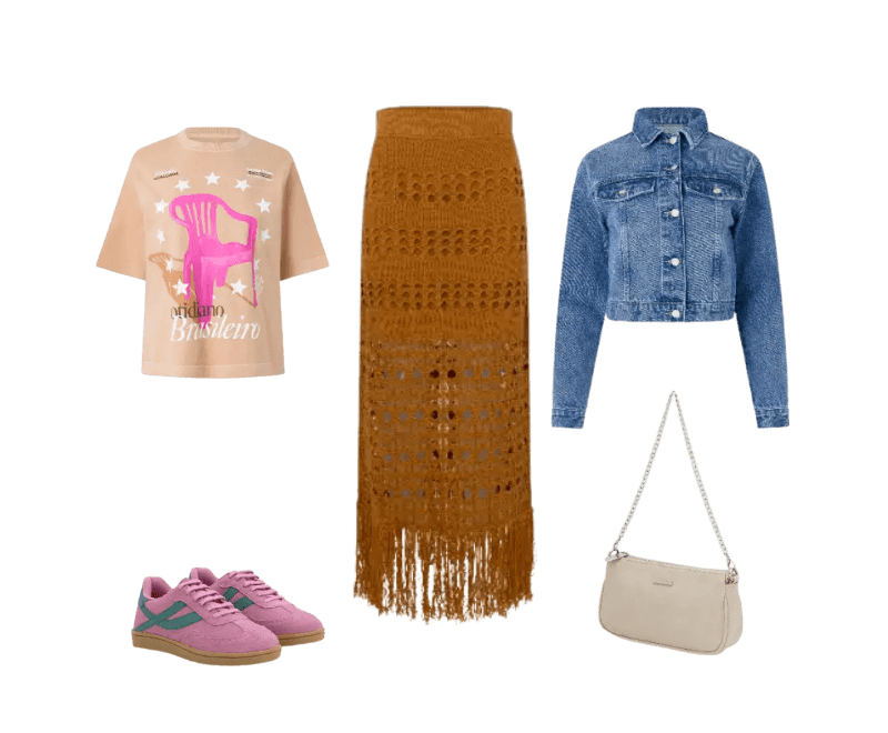 camiseta bege estampada, saia longa marrom crochê, jaqueta jeans azul, tênis rosa, bolsa bege