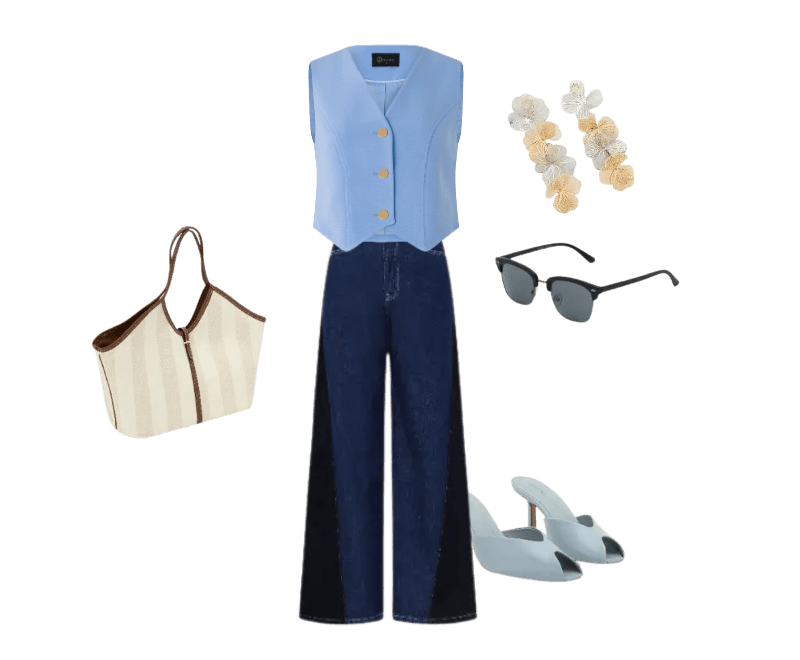 colete azul claro, calça jeans escura flare, mule azul celeste, óculos de sol preto, brincos florais, bolsa tote listrada.