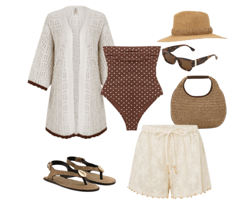 maiô marrom de poás, saída de praia branca rendada, short bege, sandálias marrons, bolsa de palha, óculos escuros tartaruga, chapéu de palha