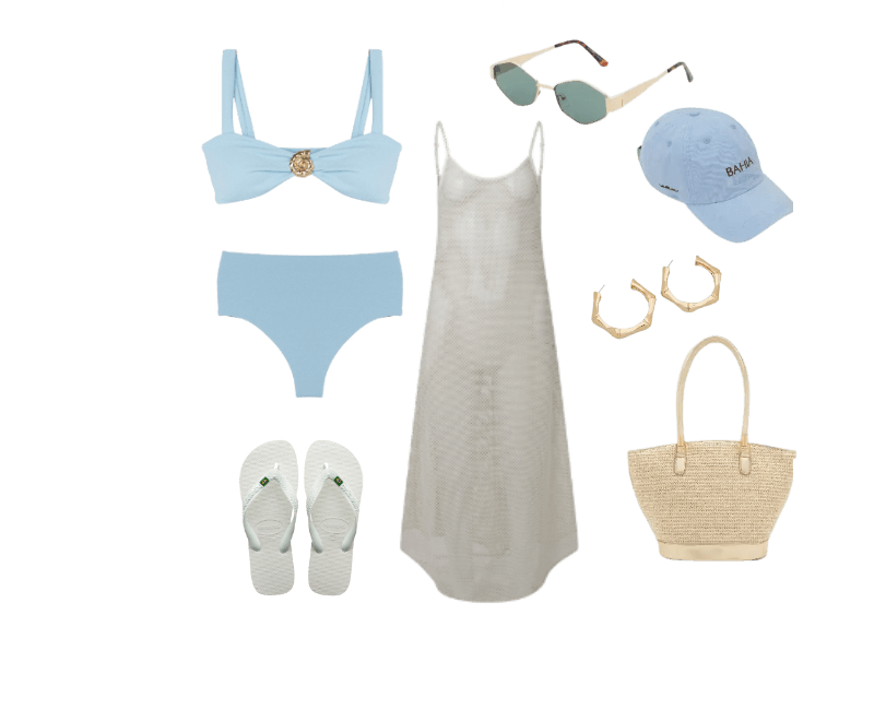 vestido branco transparente, biquíni azul claro, chinelos brancos, óculos de sol verdes, boné azul, brincos dourados, bolsa de palha.