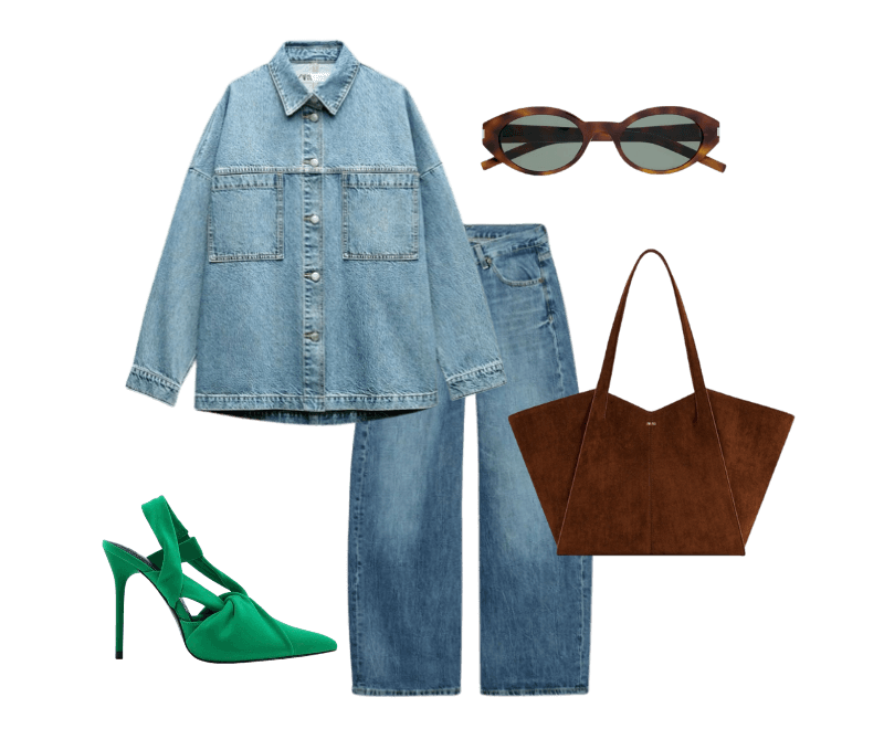 camisa jeans oversized, calça jeans reta azul, sapato verde de salto, bolsa marrom grande, óculos de sol tartaruga.