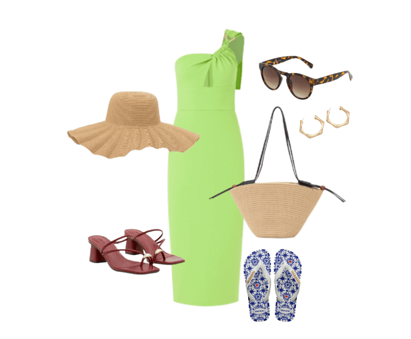 vestido verde ombro único, chapéu de palha, bolsa de palha, óculos sol tartaruga, sandálias vinho, chinelos azul estampado, brincos dourados