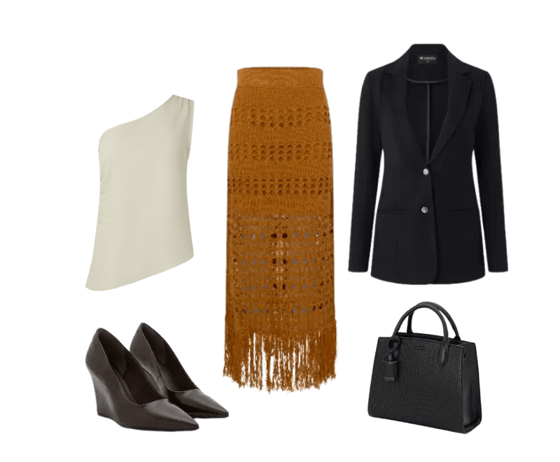 blusa off-white um ombro, saia marrom crochê, blazer preto, sapatos pretos wedges, bolsa preta estruturada