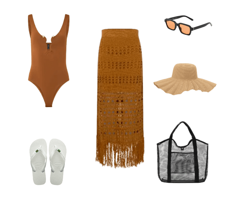 maiô marrom, saia crochê marrom, sandália branca, chapéu palha, óculos escuros marrom, bolsa praia preta