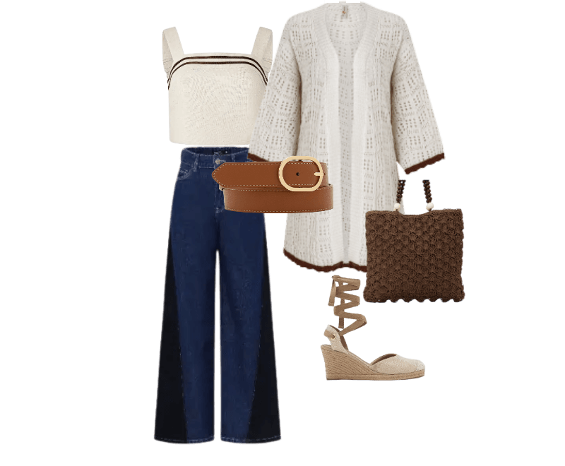 cropped bege, casaco vazado bege, calça jeans azul, cinto marrom, bolsa de crochê marrom, sandália bege.