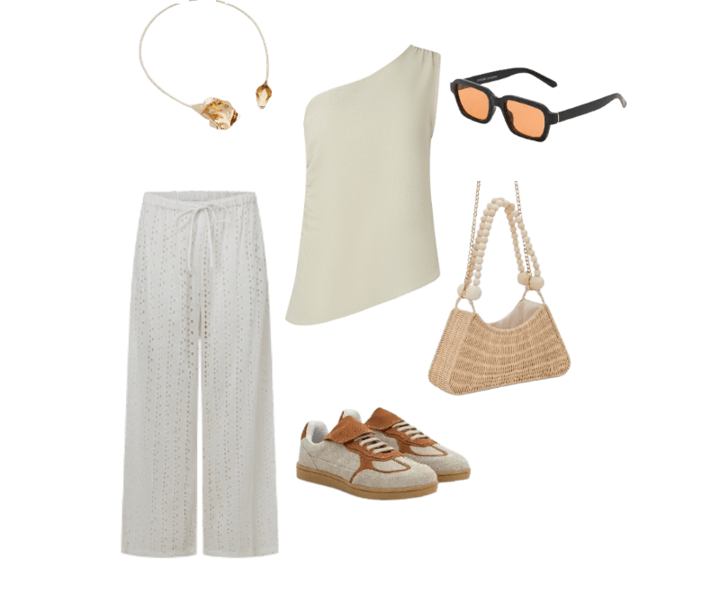 blusa bege assimétrica, calça branca vazada, tênis bege e laranja, bolsa palha, colar palha, óculos de sol preto