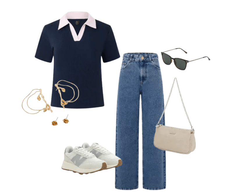polo azul-marinho, jeans azul, tênis bege, bolsa creme, óculos escuros, brincos dourados, pulseira dourada