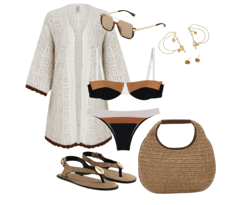 biquíni tricolor, vestido de crochê branco, sandálias rasteiras neutras, bolsa de palha, óculos de sol bege, brincos dourados.