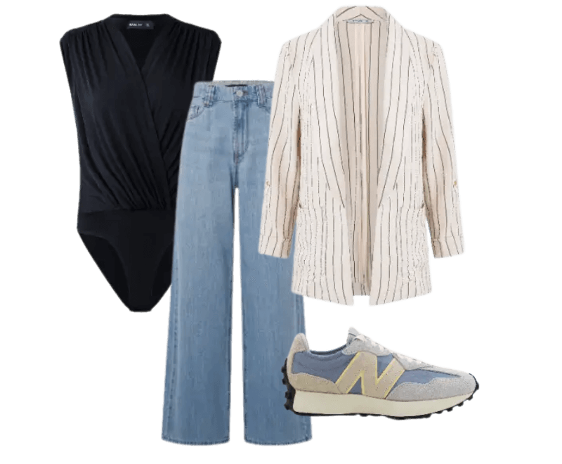 body preto drapeado, blazer listrado bege, calça jeans azul reta, tênis neutro esportivo