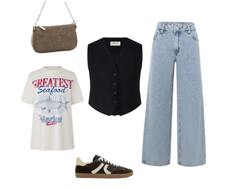 camiseta branca estampada, colete preto, calça jeans azul, tênis marrom, bolsa cinza