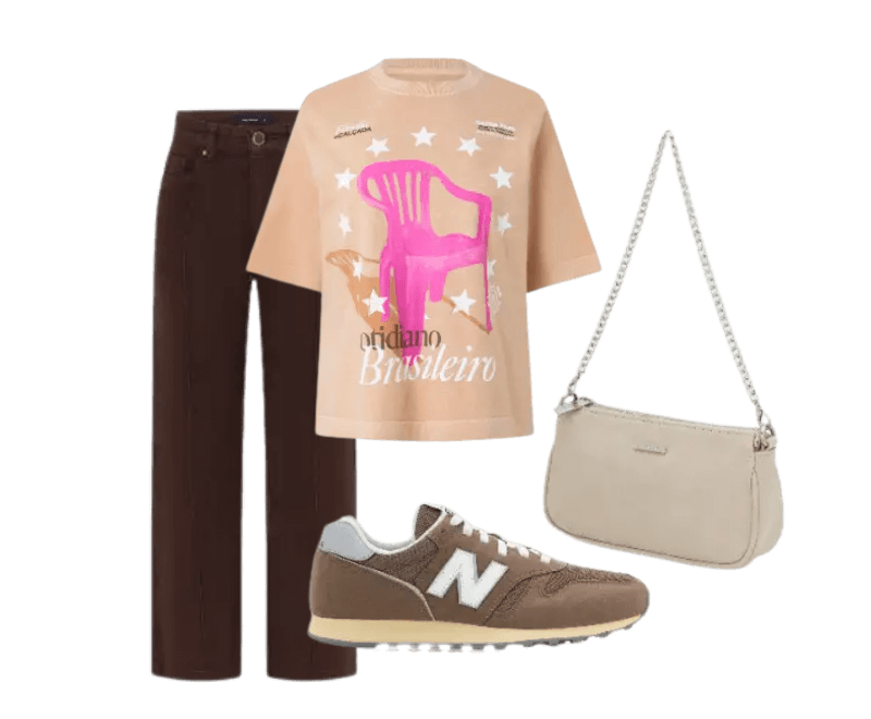 camiseta bege estampada, calça marrom, tênis marrom, bolsa bege