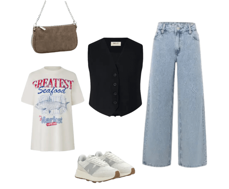 camiseta branca gráfica, colete preto, jeans azul reto, tênis branco, bolsa cinza ombro