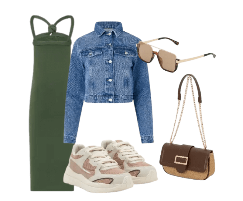 vestido verde, jaqueta jeans azul, tênis bege e rosa, óculos de sol marrom, bolsa marrom