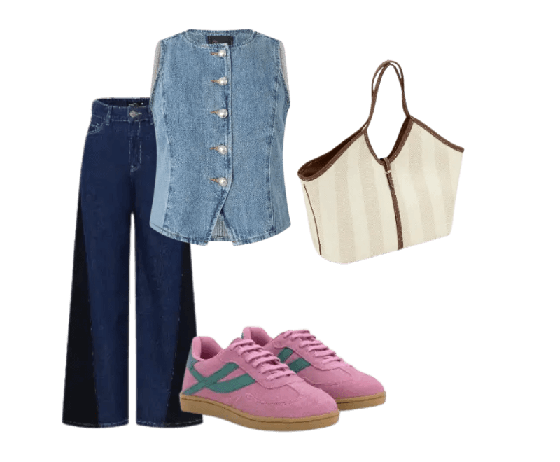 colete azul jeans, calça azul escura, tênis rosa, bolsa bege listrada