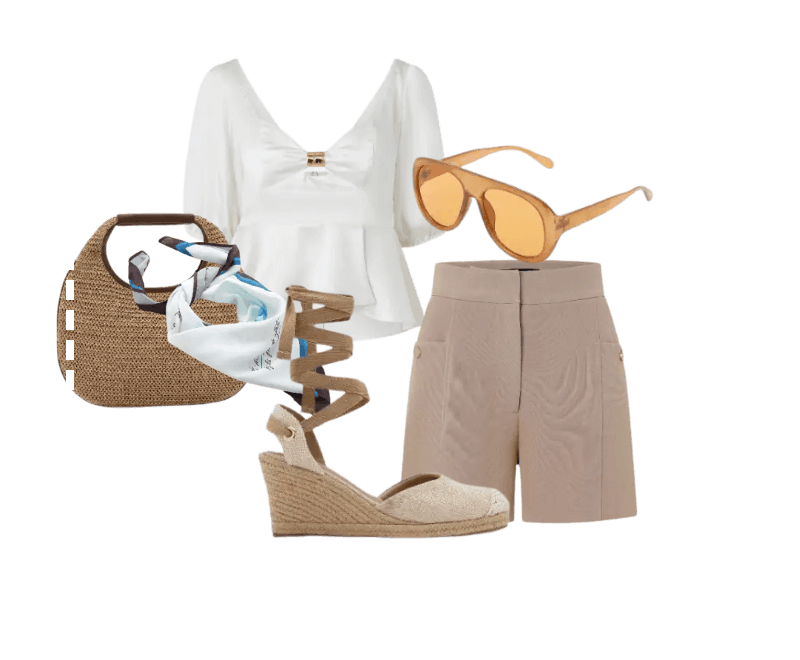 blusa branca, shorts bege, bolsa de palha, sandália bege de plataforma, óculos de sol âmbar, lenço azul e branco.