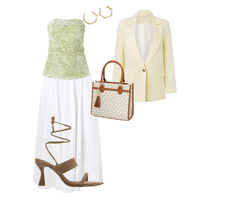 top verde tomara que caia, saia branca longa, blazer amarelo claro, sandália marrom salto, bolsa estampa geométrica, brincos argola dourados