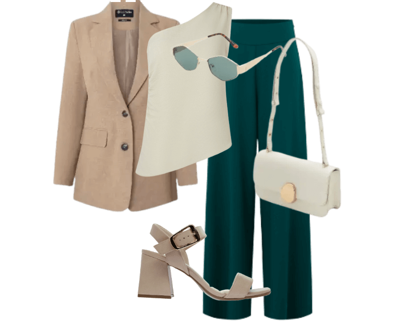 blazer bege, regata branca, calça verde escura, sandália bege, bolsa branca, óculos de sol.