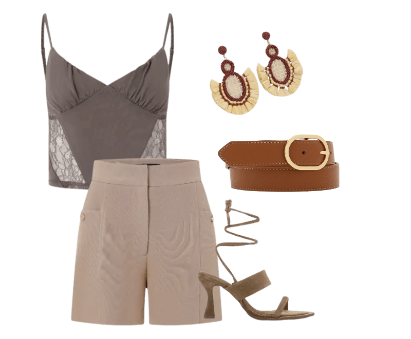 top marrom, short bege, brincos estampados, sandália nude, cinto marrom