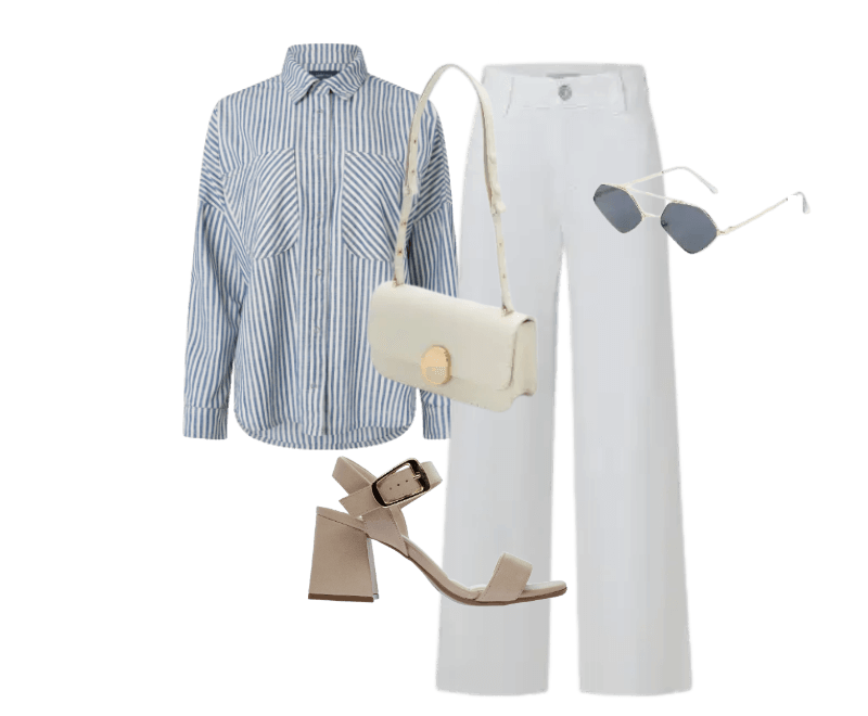 camisa listrada azul e branca, calça branca, sandálias salto nude, bolsa bege, óculos de sol escuro