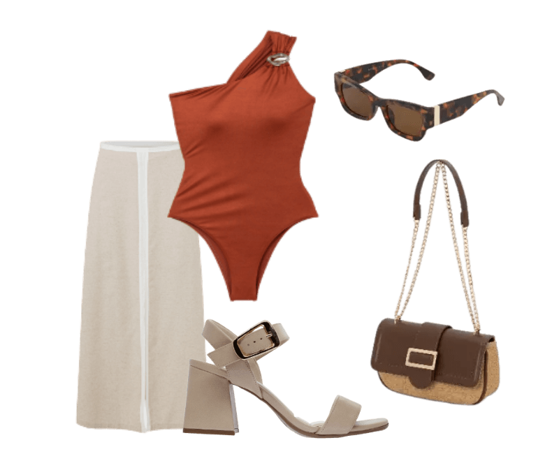 body laranja, saia bege longa, sandália nude, óculos tartaruga, bolsa marrom