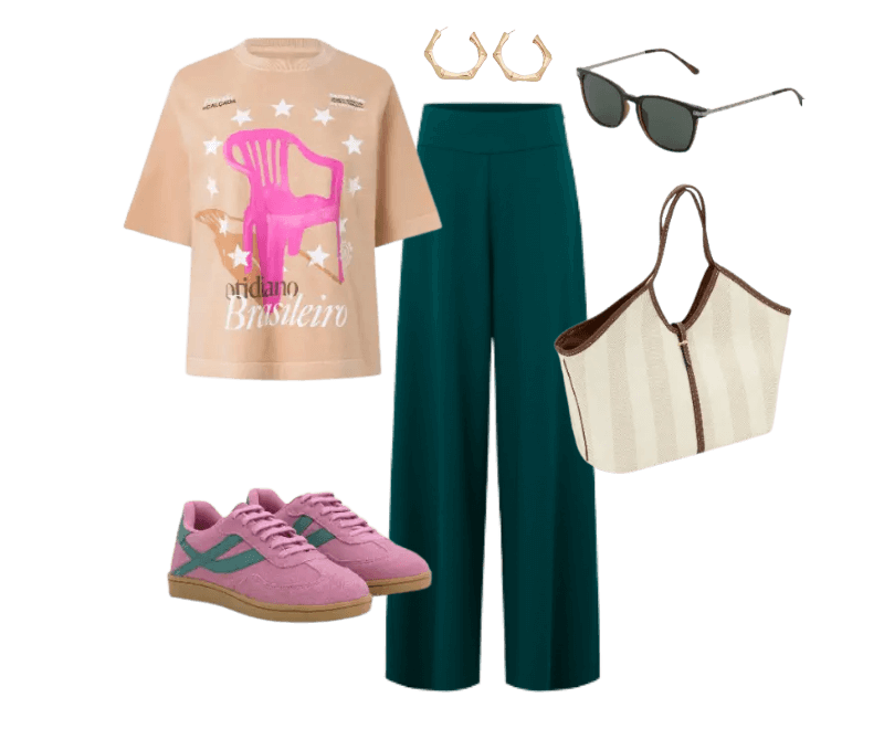 camiseta bege estampada, calça verde escura, tênis rosa, bolsa de palha listrada, óculos de sol escuros, argolas douradas