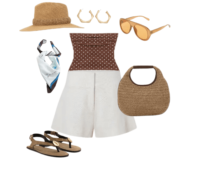 top marrom de bolinhas, shorts brancos, chapéu de palha, bolsa de palha, sandálias rasteiras pretas, óculos de sol âmbar, brincos dourados, lenço estampado