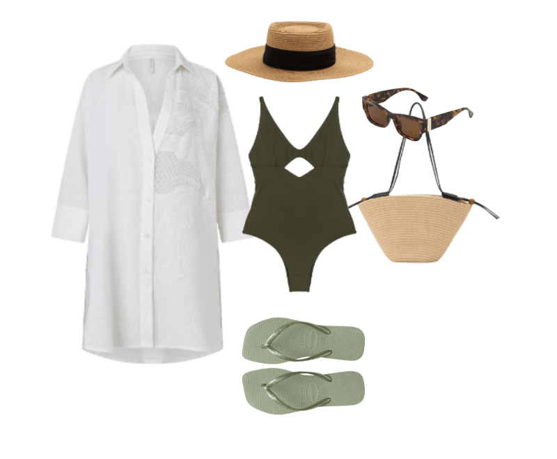 vestido branco camisa, maiô verde oliva, chapéu de palha, óculos de sol tortoise, bolsa de palha, sandálias verde-claro