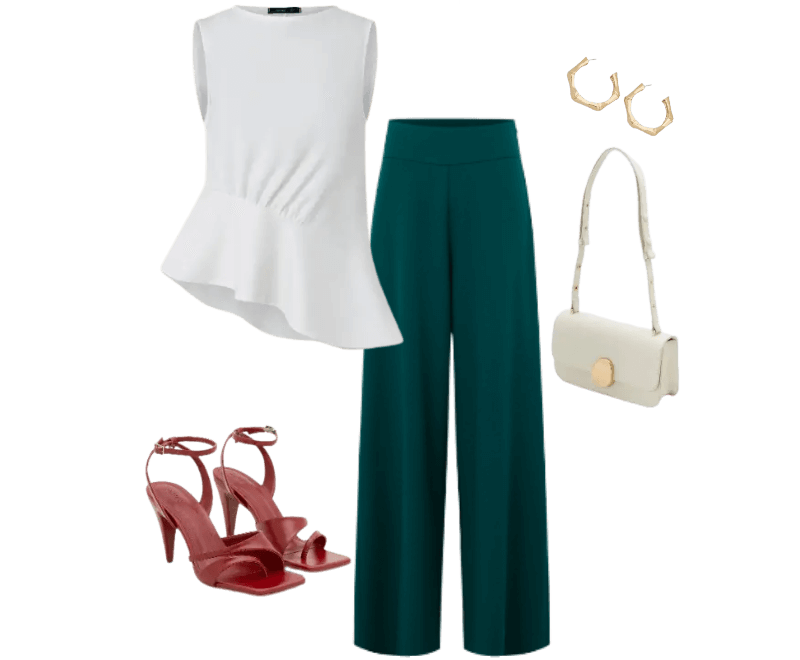 blusa branca assimétrica, calça verde pantalona, sandálias vermelhas, bolsa creme pequena, brincos dourados.
