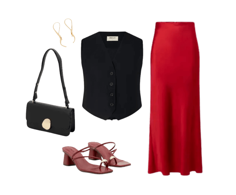 colete preto, saia vermelha longa, brincos dourados, bolsa preta, sandálias vermelhas de salto