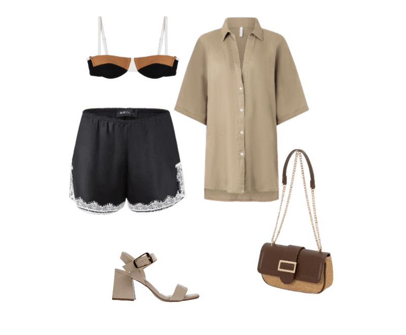 camisa bege, top bicolor, short preto com renda, sandálias bege, bolsa marrom tiracolo