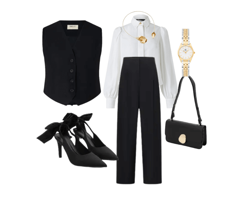 blusa branca de mangas bufantes, colete preto, calça preta, bolsa preta, relógio dourado, sapatos pretos com laço