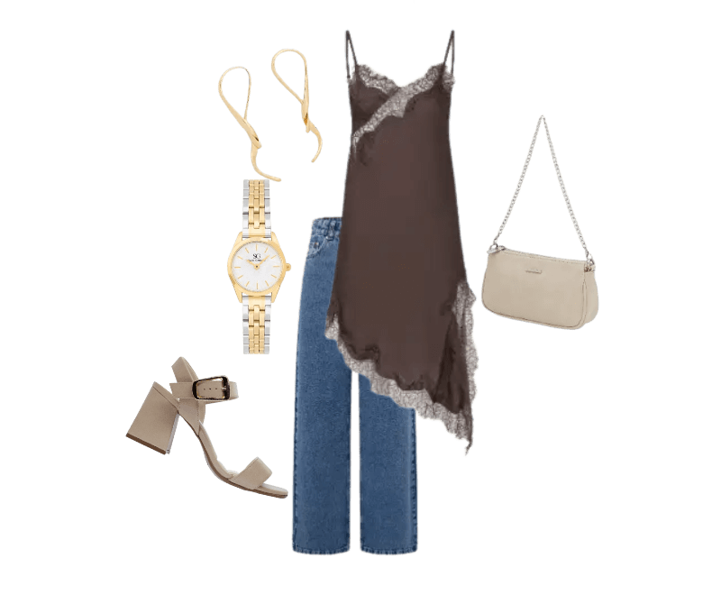 vestido marrom slip dress, jeans azul, sandálias bege salto quadrado, brincos dourados, relógio dourado, bolsa nude.